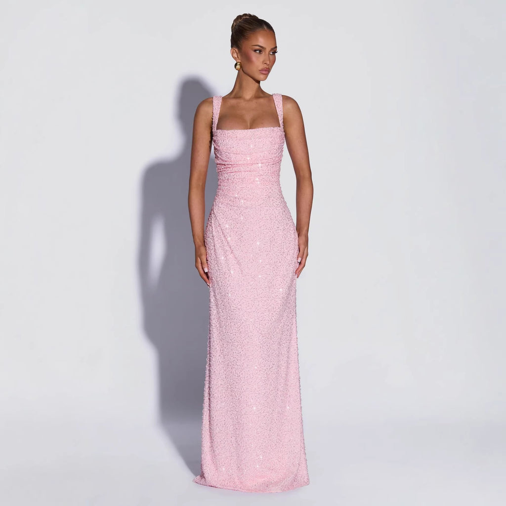Sequined Strapless Long Dress with Slit