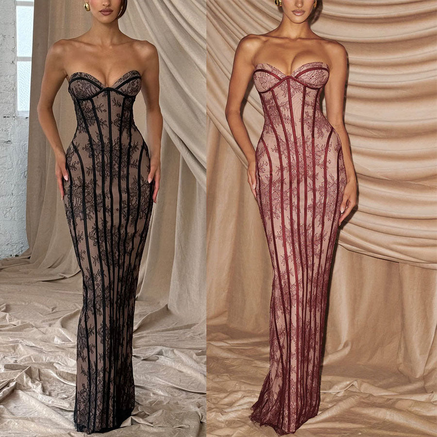 Vestido Ajustado de Encaje con Hombros Descubiertos