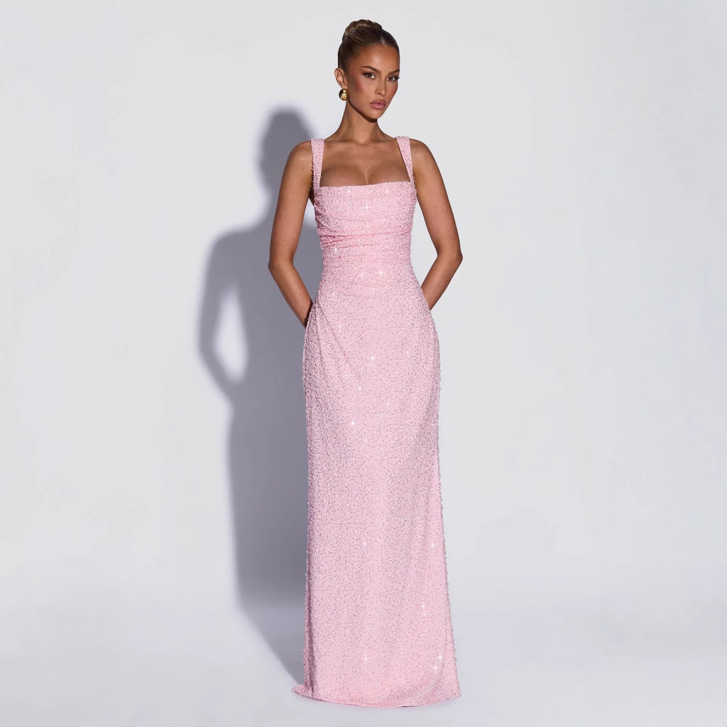 Sequined Strapless Long Dress with Slit