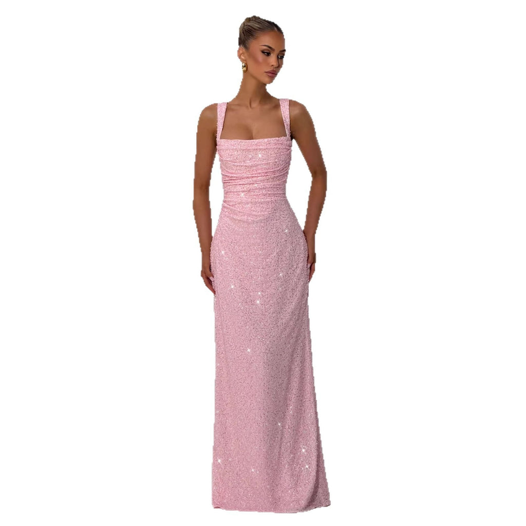 Sequined Strapless Long Dress with Slit